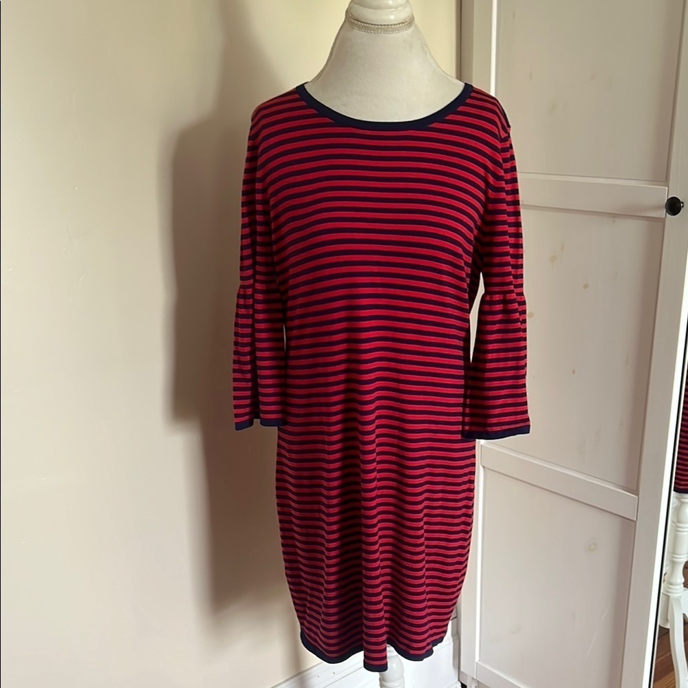 Sail to Sable Classic Red and Navy Blue Striped Cotton Blend Crew Neck Dress - L